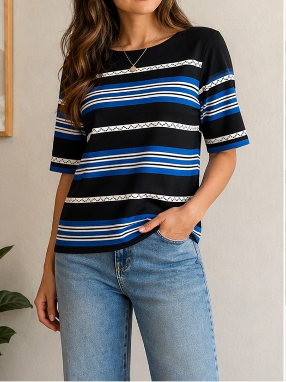 St. John Black, Blue & White Striped Knit Top